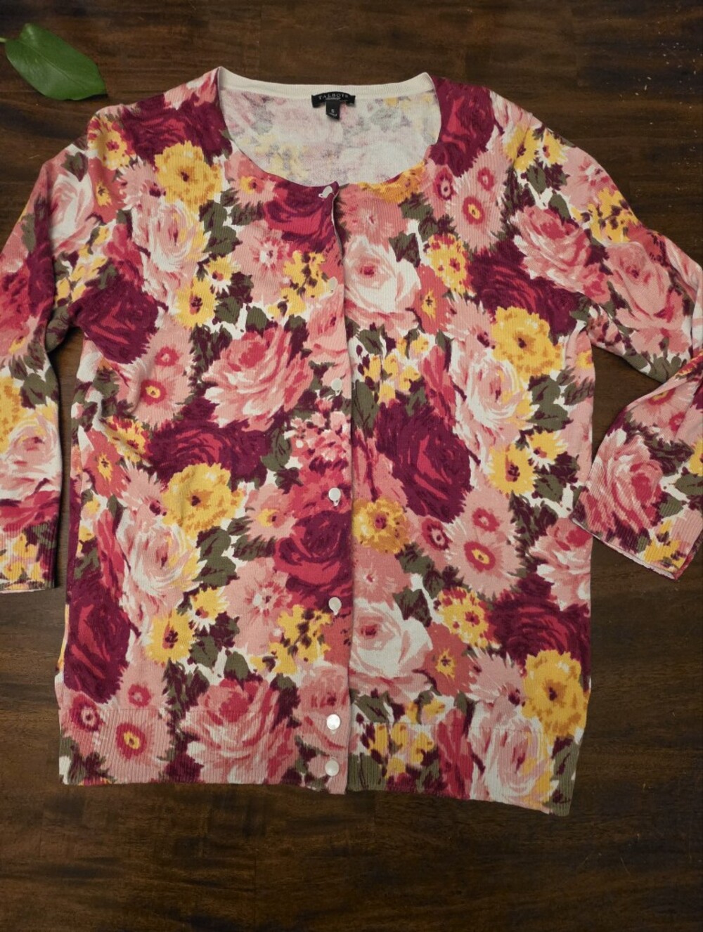 Talbots silk blend Floral Print Button-Front Cardigan Sweater Pink Yellow Size S